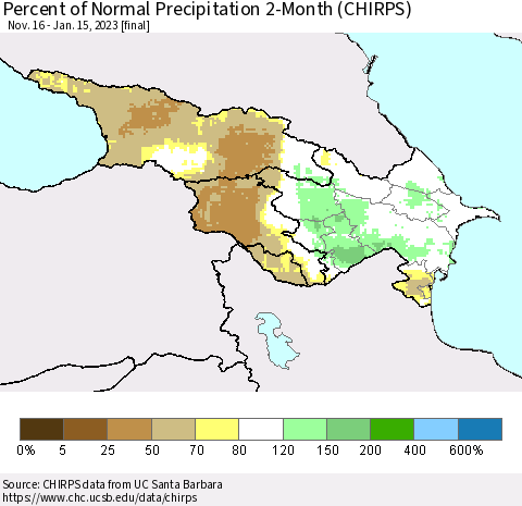 Azerbaijan, Armenia and Georgia Percent of Normal Precipitation 2-Month (CHIRPS) Thematic Map For 11/16/2022 - 1/15/2023