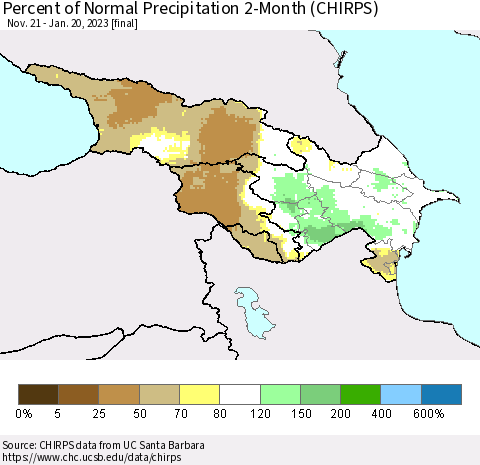 Azerbaijan, Armenia and Georgia Percent of Normal Precipitation 2-Month (CHIRPS) Thematic Map For 11/21/2022 - 1/20/2023