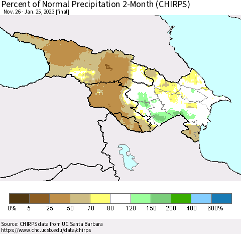 Azerbaijan, Armenia and Georgia Percent of Normal Precipitation 2-Month (CHIRPS) Thematic Map For 11/26/2022 - 1/25/2023
