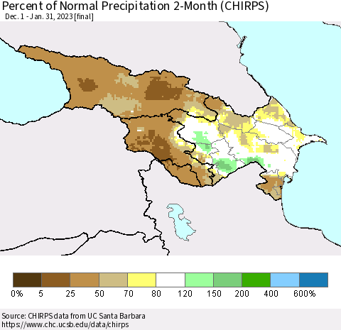 Azerbaijan, Armenia and Georgia Percent of Normal Precipitation 2-Month (CHIRPS) Thematic Map For 12/1/2022 - 1/31/2023