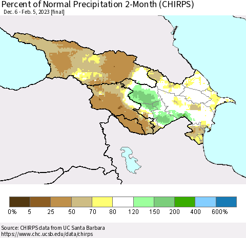 Azerbaijan, Armenia and Georgia Percent of Normal Precipitation 2-Month (CHIRPS) Thematic Map For 12/6/2022 - 2/5/2023