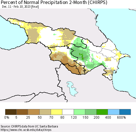 Azerbaijan, Armenia and Georgia Percent of Normal Precipitation 2-Month (CHIRPS) Thematic Map For 12/11/2022 - 2/10/2023