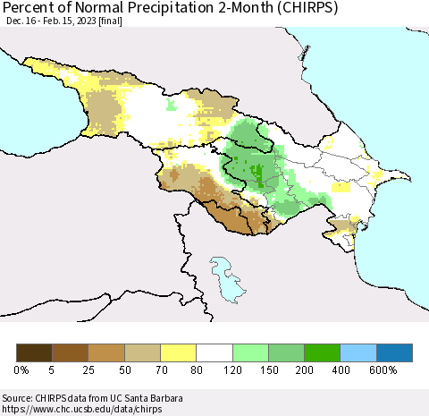 Azerbaijan, Armenia and Georgia Percent of Normal Precipitation 2-Month (CHIRPS) Thematic Map For 12/16/2022 - 2/15/2023