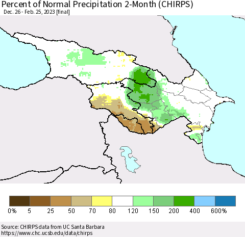 Azerbaijan, Armenia and Georgia Percent of Normal Precipitation 2-Month (CHIRPS) Thematic Map For 12/26/2022 - 2/25/2023