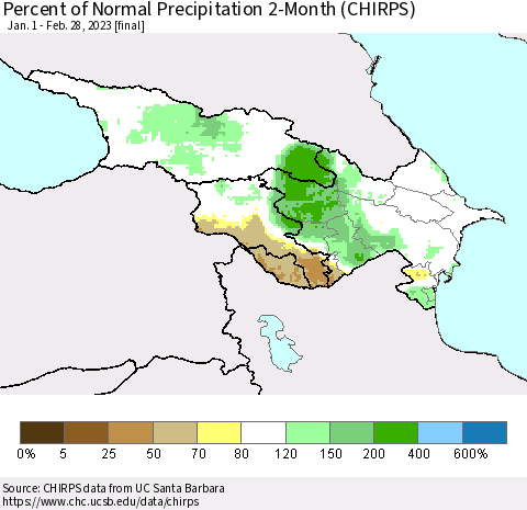 Azerbaijan, Armenia and Georgia Percent of Normal Precipitation 2-Month (CHIRPS) Thematic Map For 1/1/2023 - 2/28/2023