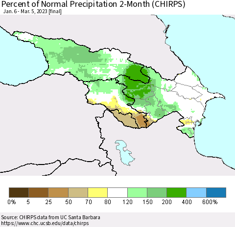 Azerbaijan, Armenia and Georgia Percent of Normal Precipitation 2-Month (CHIRPS) Thematic Map For 1/6/2023 - 3/5/2023