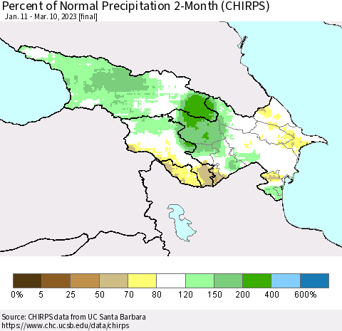 Azerbaijan, Armenia and Georgia Percent of Normal Precipitation 2-Month (CHIRPS) Thematic Map For 1/11/2023 - 3/10/2023