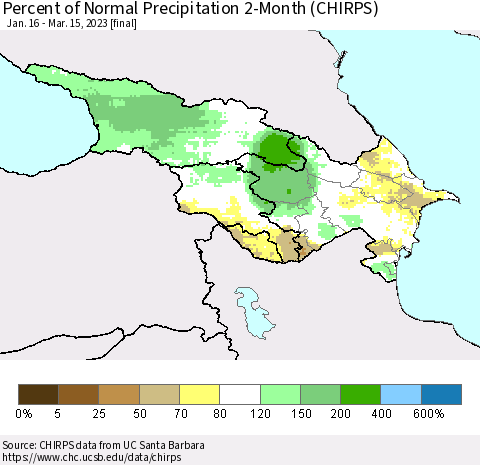 Azerbaijan, Armenia and Georgia Percent of Normal Precipitation 2-Month (CHIRPS) Thematic Map For 1/16/2023 - 3/15/2023