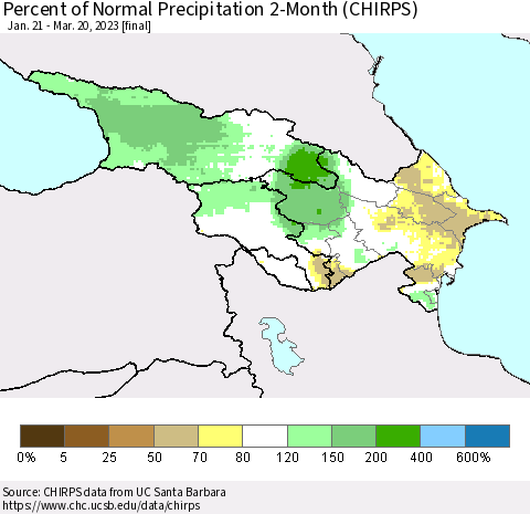 Azerbaijan, Armenia and Georgia Percent of Normal Precipitation 2-Month (CHIRPS) Thematic Map For 1/21/2023 - 3/20/2023