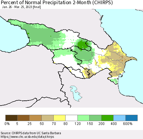 Azerbaijan, Armenia and Georgia Percent of Normal Precipitation 2-Month (CHIRPS) Thematic Map For 1/26/2023 - 3/25/2023