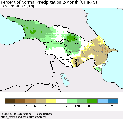 Azerbaijan, Armenia and Georgia Percent of Normal Precipitation 2-Month (CHIRPS) Thematic Map For 2/1/2023 - 3/31/2023
