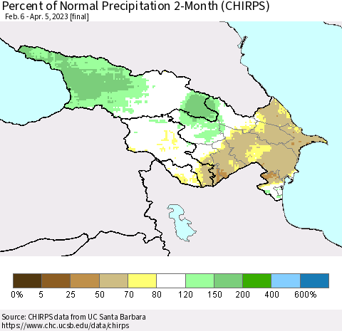 Azerbaijan, Armenia and Georgia Percent of Normal Precipitation 2-Month (CHIRPS) Thematic Map For 2/6/2023 - 4/5/2023
