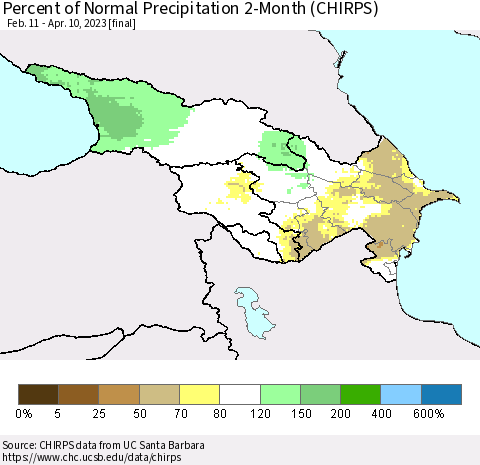 Azerbaijan, Armenia and Georgia Percent of Normal Precipitation 2-Month (CHIRPS) Thematic Map For 2/11/2023 - 4/10/2023