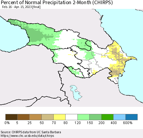 Azerbaijan, Armenia and Georgia Percent of Normal Precipitation 2-Month (CHIRPS) Thematic Map For 2/16/2023 - 4/15/2023