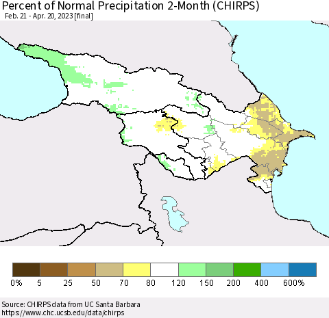 Azerbaijan, Armenia and Georgia Percent of Normal Precipitation 2-Month (CHIRPS) Thematic Map For 2/21/2023 - 4/20/2023