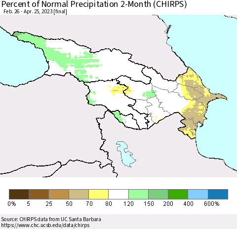 Azerbaijan, Armenia and Georgia Percent of Normal Precipitation 2-Month (CHIRPS) Thematic Map For 2/26/2023 - 4/25/2023