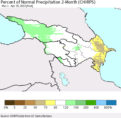 Azerbaijan, Armenia and Georgia Percent of Normal Precipitation 2-Month (CHIRPS) Thematic Map For 3/1/2023 - 4/30/2023
