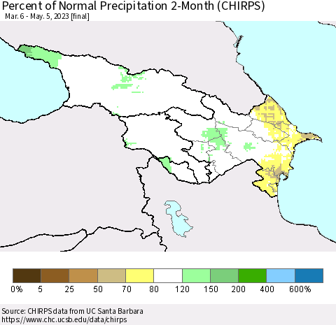 Azerbaijan, Armenia and Georgia Percent of Normal Precipitation 2-Month (CHIRPS) Thematic Map For 3/6/2023 - 5/5/2023