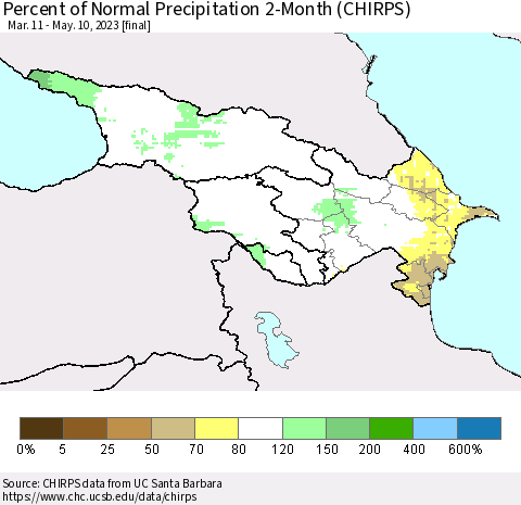 Azerbaijan, Armenia and Georgia Percent of Normal Precipitation 2-Month (CHIRPS) Thematic Map For 3/11/2023 - 5/10/2023
