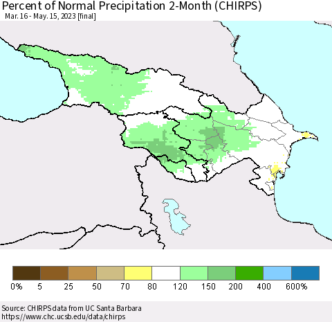 Azerbaijan, Armenia and Georgia Percent of Normal Precipitation 2-Month (CHIRPS) Thematic Map For 3/16/2023 - 5/15/2023