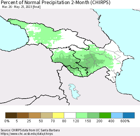 Azerbaijan, Armenia and Georgia Percent of Normal Precipitation 2-Month (CHIRPS) Thematic Map For 3/26/2023 - 5/25/2023