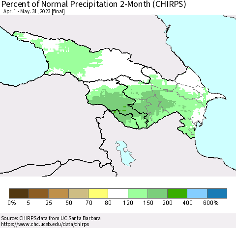 Azerbaijan, Armenia and Georgia Percent of Normal Precipitation 2-Month (CHIRPS) Thematic Map For 4/1/2023 - 5/31/2023