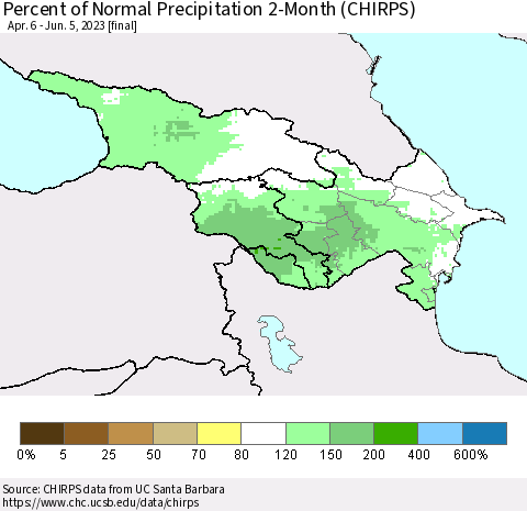 Azerbaijan, Armenia and Georgia Percent of Normal Precipitation 2-Month (CHIRPS) Thematic Map For 4/6/2023 - 6/5/2023