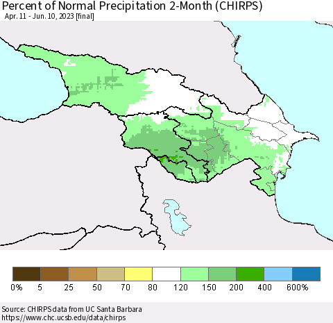 Azerbaijan, Armenia and Georgia Percent of Normal Precipitation 2-Month (CHIRPS) Thematic Map For 4/11/2023 - 6/10/2023