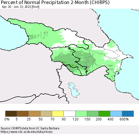 Azerbaijan, Armenia and Georgia Percent of Normal Precipitation 2-Month (CHIRPS) Thematic Map For 4/16/2023 - 6/15/2023