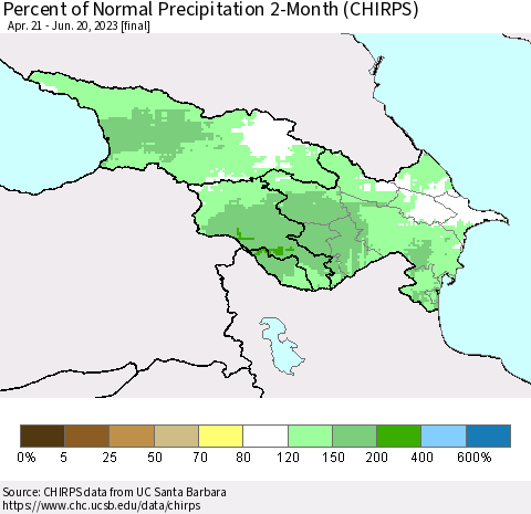 Azerbaijan, Armenia and Georgia Percent of Normal Precipitation 2-Month (CHIRPS) Thematic Map For 4/21/2023 - 6/20/2023