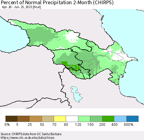 Azerbaijan, Armenia and Georgia Percent of Normal Precipitation 2-Month (CHIRPS) Thematic Map For 4/26/2023 - 6/25/2023
