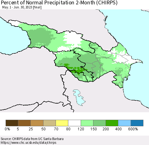 Azerbaijan, Armenia and Georgia Percent of Normal Precipitation 2-Month (CHIRPS) Thematic Map For 5/1/2023 - 6/30/2023