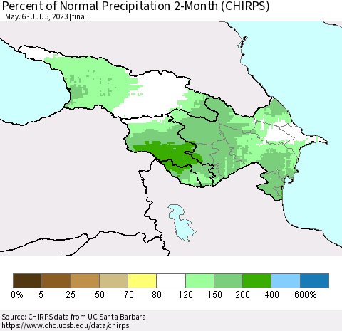 Azerbaijan, Armenia and Georgia Percent of Normal Precipitation 2-Month (CHIRPS) Thematic Map For 5/6/2023 - 7/5/2023