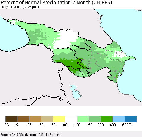 Azerbaijan, Armenia and Georgia Percent of Normal Precipitation 2-Month (CHIRPS) Thematic Map For 5/11/2023 - 7/10/2023