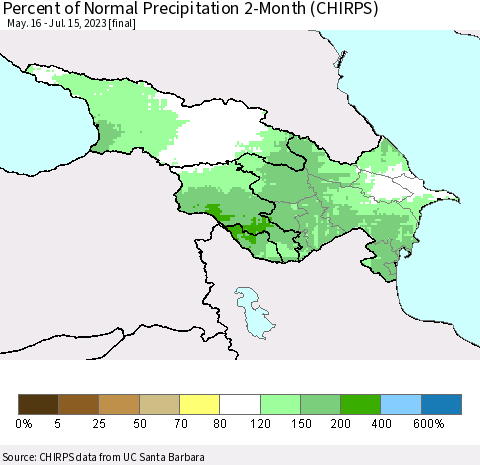 Azerbaijan, Armenia and Georgia Percent of Normal Precipitation 2-Month (CHIRPS) Thematic Map For 5/16/2023 - 7/15/2023