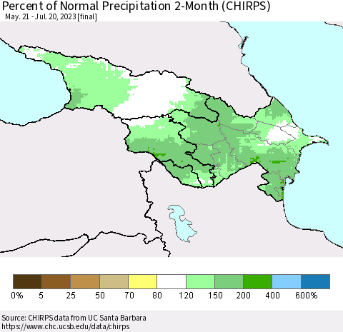 Azerbaijan, Armenia and Georgia Percent of Normal Precipitation 2-Month (CHIRPS) Thematic Map For 5/21/2023 - 7/20/2023