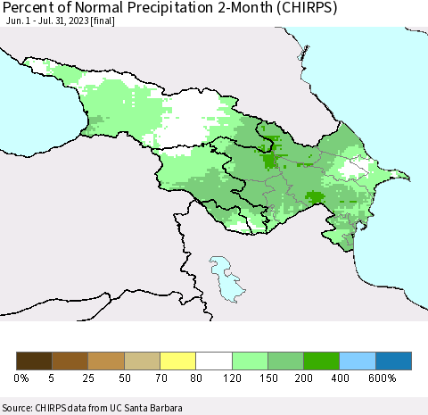 Azerbaijan, Armenia and Georgia Percent of Normal Precipitation 2-Month (CHIRPS) Thematic Map For 6/1/2023 - 7/31/2023