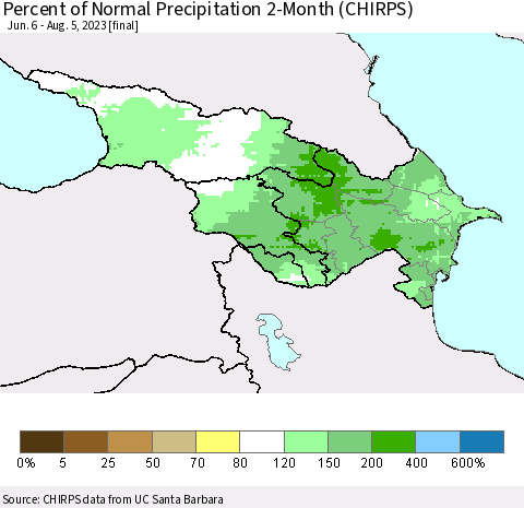 Azerbaijan, Armenia and Georgia Percent of Normal Precipitation 2-Month (CHIRPS) Thematic Map For 6/6/2023 - 8/5/2023