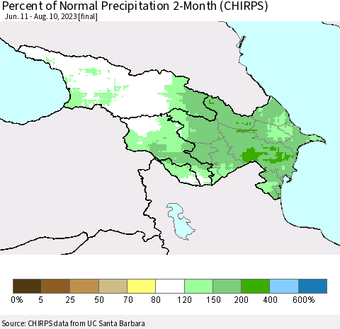 Azerbaijan, Armenia and Georgia Percent of Normal Precipitation 2-Month (CHIRPS) Thematic Map For 6/11/2023 - 8/10/2023
