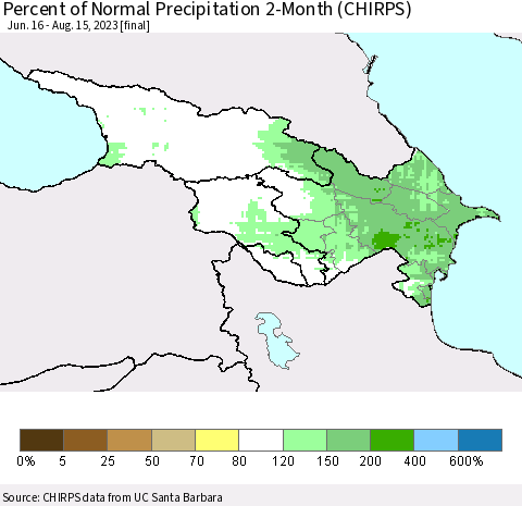 Azerbaijan, Armenia and Georgia Percent of Normal Precipitation 2-Month (CHIRPS) Thematic Map For 6/16/2023 - 8/15/2023