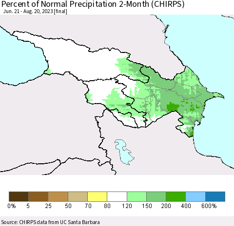 Azerbaijan, Armenia and Georgia Percent of Normal Precipitation 2-Month (CHIRPS) Thematic Map For 6/21/2023 - 8/20/2023