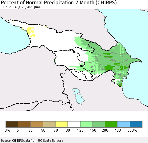 Azerbaijan, Armenia and Georgia Percent of Normal Precipitation 2-Month (CHIRPS) Thematic Map For 6/26/2023 - 8/25/2023