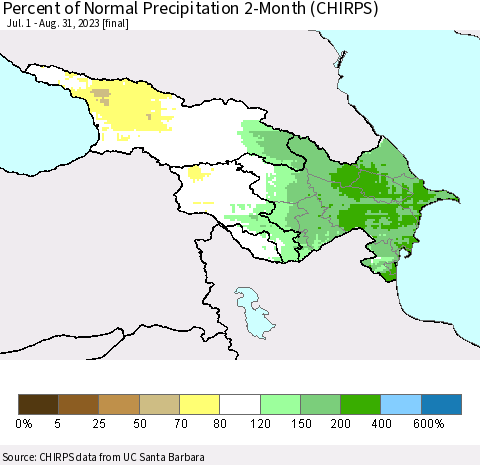 Azerbaijan, Armenia and Georgia Percent of Normal Precipitation 2-Month (CHIRPS) Thematic Map For 7/1/2023 - 8/31/2023