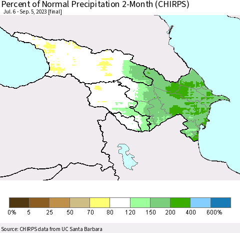 Azerbaijan, Armenia and Georgia Percent of Normal Precipitation 2-Month (CHIRPS) Thematic Map For 7/6/2023 - 9/5/2023