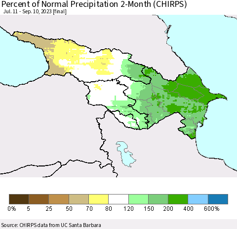 Azerbaijan, Armenia and Georgia Percent of Normal Precipitation 2-Month (CHIRPS) Thematic Map For 7/11/2023 - 9/10/2023