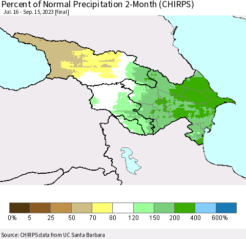 Azerbaijan, Armenia and Georgia Percent of Normal Precipitation 2-Month (CHIRPS) Thematic Map For 7/16/2023 - 9/15/2023