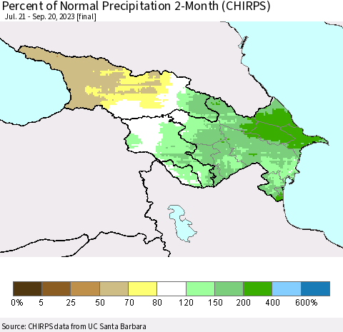 Azerbaijan, Armenia and Georgia Percent of Normal Precipitation 2-Month (CHIRPS) Thematic Map For 7/21/2023 - 9/20/2023
