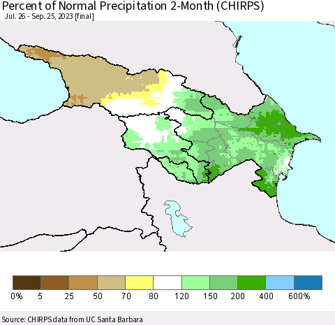 Azerbaijan, Armenia and Georgia Percent of Normal Precipitation 2-Month (CHIRPS) Thematic Map For 7/26/2023 - 9/25/2023