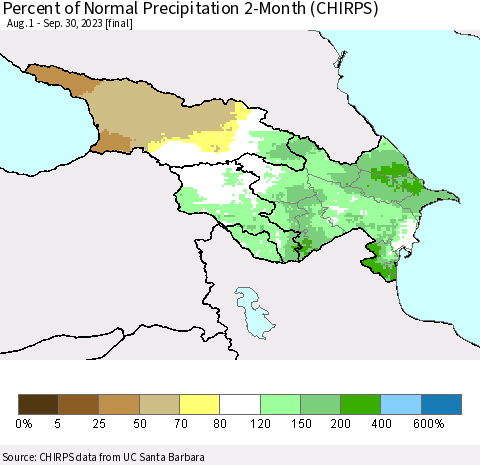 Azerbaijan, Armenia and Georgia Percent of Normal Precipitation 2-Month (CHIRPS) Thematic Map For 8/1/2023 - 9/30/2023