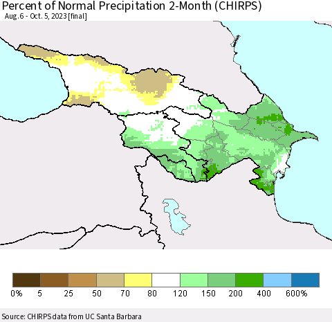 Azerbaijan, Armenia and Georgia Percent of Normal Precipitation 2-Month (CHIRPS) Thematic Map For 8/6/2023 - 10/5/2023